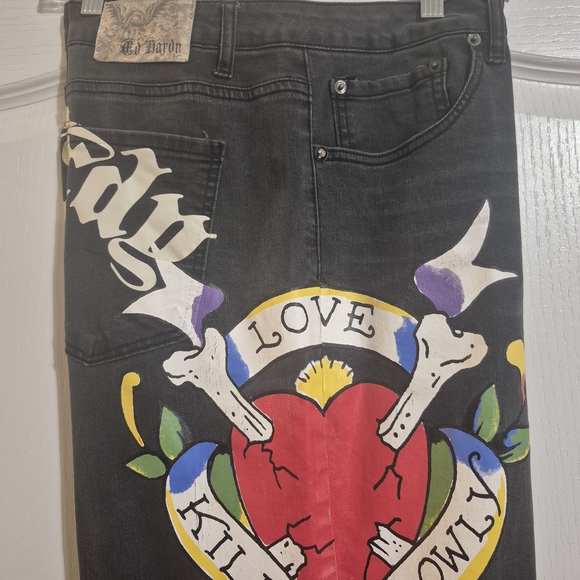 Ed Hardy Black WIDE Straight Leg Jeans with Heart Graphic 34 X 30 - Picture 2 of 11